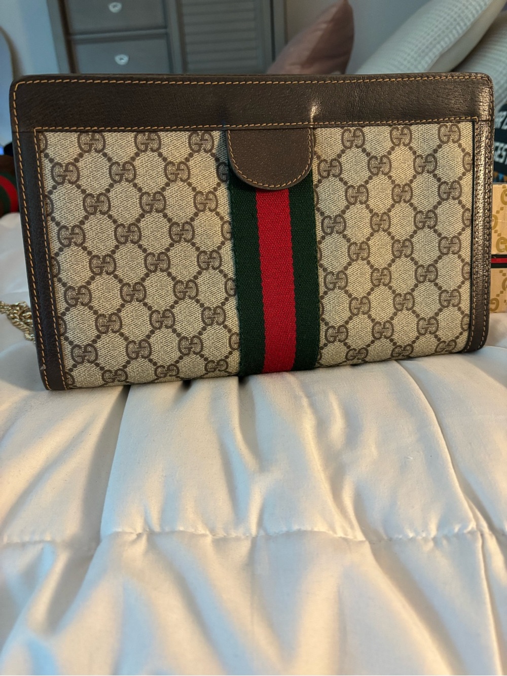 Gucci Vintage Sherry Monogram Clutch with Green and Red Web Stripe
